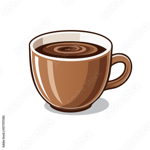 Cartoon illustration of a cup of hot brown coffee, swirling top, brown coffee mug, beverage, refreshment, and caffeine