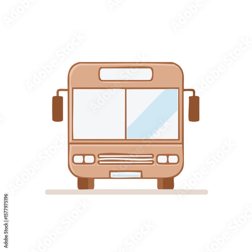 Cartoon brown bus front view public transportation vehicle automobile with windows and headlight, flat vector illustration isolated on white