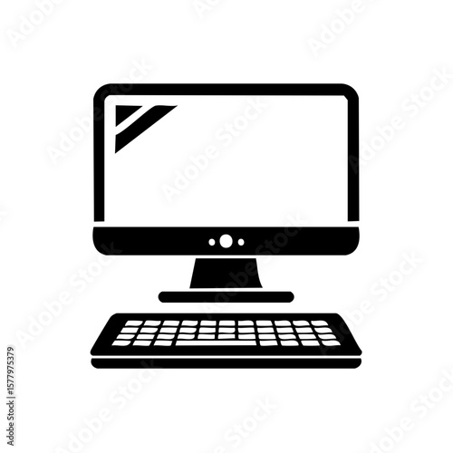 Desktop Computer with Keyboard Simple Icon, Business Technology Symbol, Black Silhouette