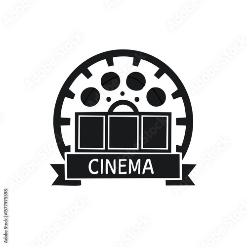 Movie Reel Icon with Cinema Ribbon Banner and Film Slate Design