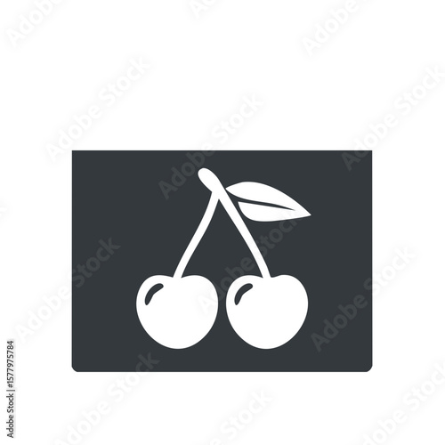 Stylized pair of cherries with leaf in a dark gray square perfect for minimalist design elements and patterns