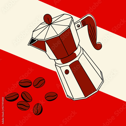Coffee pot with coffee beans on red and white background  