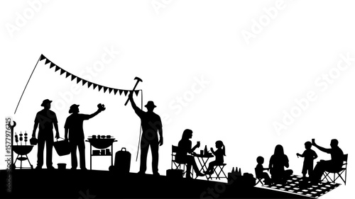 Silhouettes celebrate at backyard barbecue with burgers and drinks in an outdoor family setting