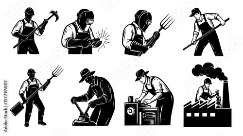 Collection of retro style labor silhouettes showcasing various professions and tasks in black and white