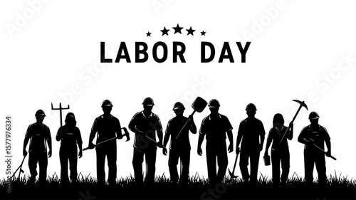 Labor Day shows appreciation for workers with silhouettes and agricultural tools on a grass field.