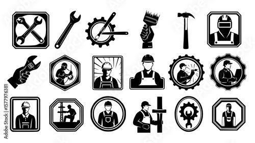 Black and white silhouette icons presenting various industrial and construction worker symbols