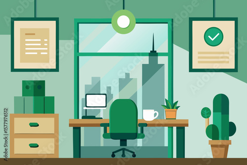 Bright, empty home office interior with a computer desk, chair, and bookshelf, ideal for study or business