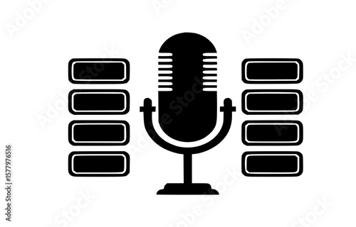 Podcast illustration features a microphone icon surrounded by volume bars in a clean vector design.