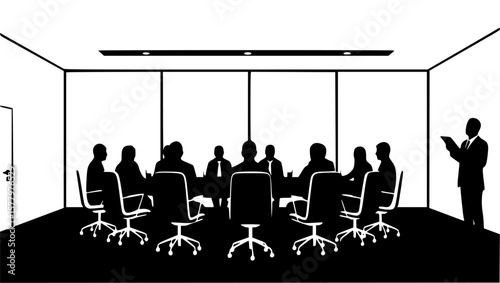 People in a boardroom meeting, presenting with collaboration in monochrome style.