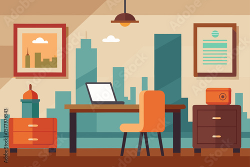 Vector illustration of a modern office interior with a desk, chair, and other furniture in an empty room