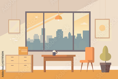 A modern, luxurious office interior showcasing sleek furniture, a wooden desk, and large windows with ample natural light, all within a well-designed room