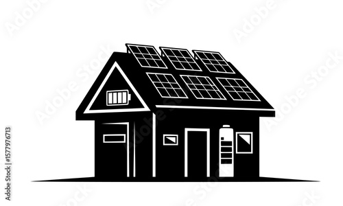Eco friendly home depicted with solar panels for power and battery charge indicator.