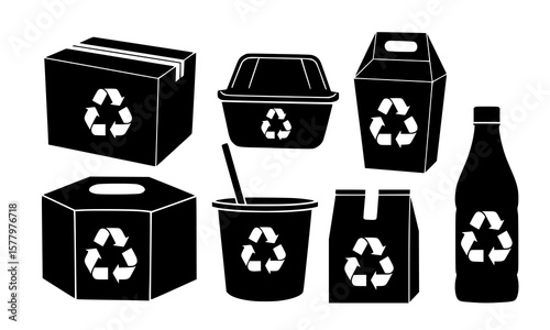 Assorted recycling container collection includes box, bottle, takeout containers, paper bag, and more with recycling symbols.