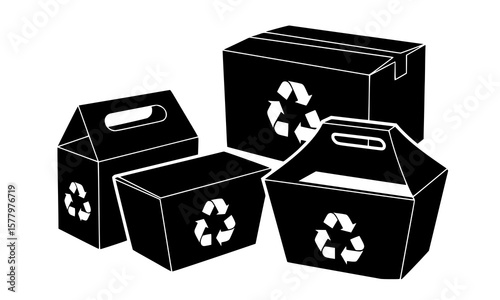 Diverse black cardboard boxes promote recycling and eco friendly packaging solutions for a sustainable future.