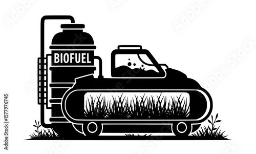 Biofuel tractor vector illustration showcases sustainable farming and renewable energy sources for agriculture in fields.