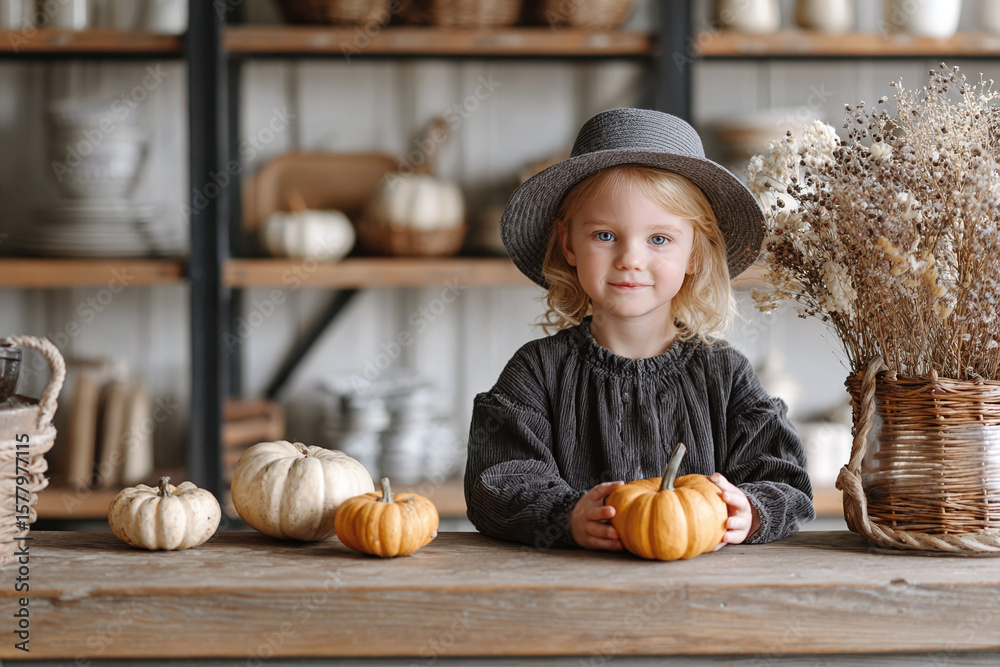 Fototapeta premium little girl in a witch fancy dress preparing pumpkins for halloween, 