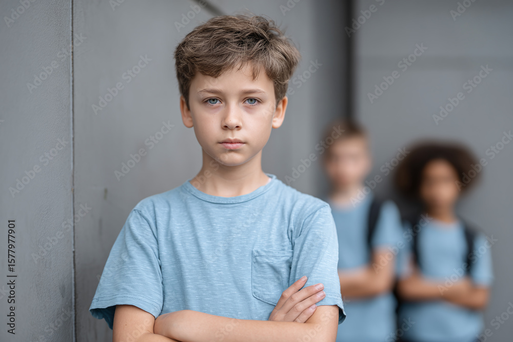 Fototapeta premium bullying victim, abused outsider standing apart of group of children