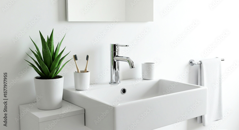 Fototapeta premium A modern bathroom sink area is showcased with a sleek white basin, a polished chrome faucet, a vibrant green snake plant, and minimalist accessories for a clean and contemporary aesthetic.