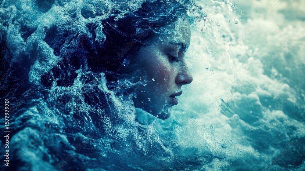 Fototapeta premium a woman flowing like liquid water merging into ocean waves