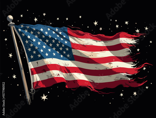 Vector design with decorative drawing of 
torn national flag of usa is fluttering in wind. 
Fashion t-shirt print. American pattern of stars 
and wavy stripes for textiles, fabric, clothing.