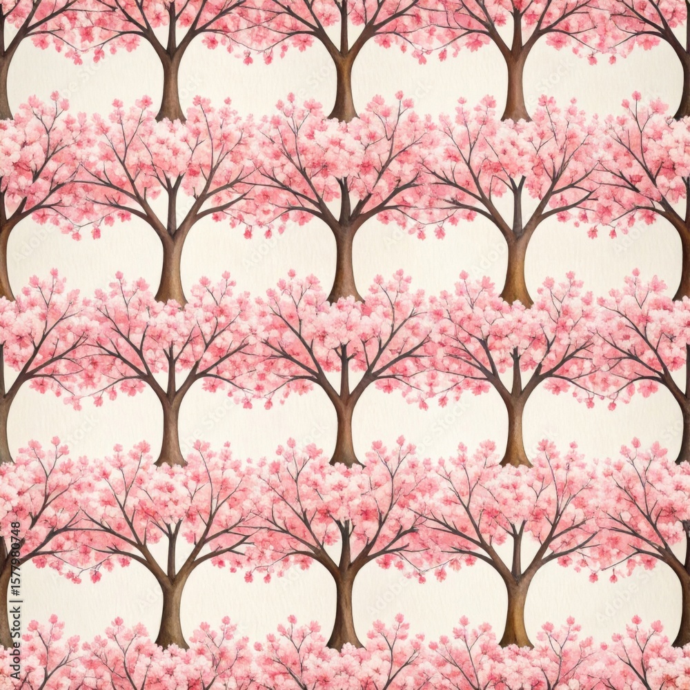 Obraz premium Seamless Pattern Featuring Pink Cherry Blossoms and Trees on Light Backdrop