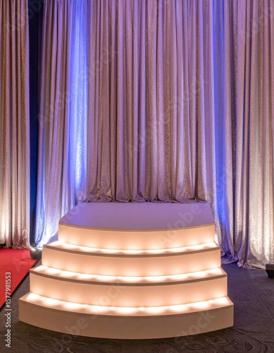 Three Tiered White Stage with Metallic Drapes and Blue Light in Indoor Space