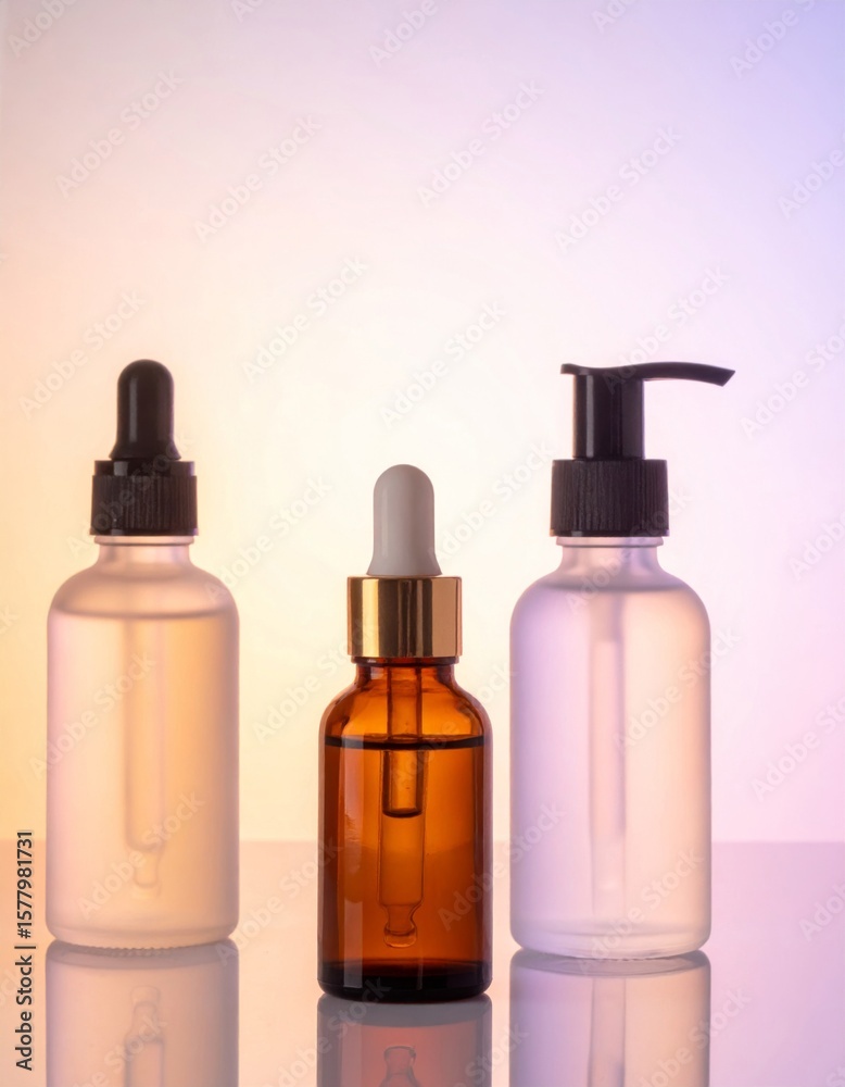 Three Cosmetic Bottles with Dropper and Pump Caps on Reflective Surface Three Cosmetic Bottles with Dropper and Pump Caps on Reflective Surface