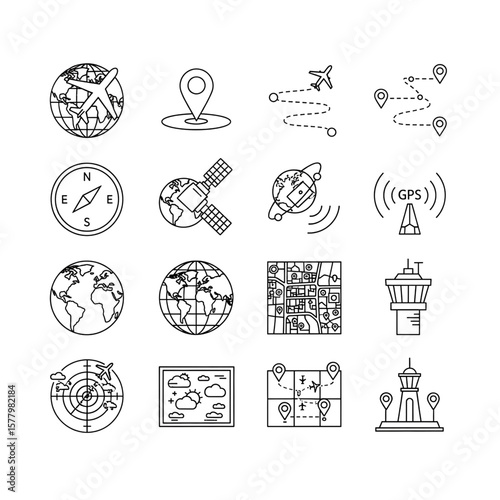 Navigation Icons Vector Illustration Set: Maps, GPS, Compass and more