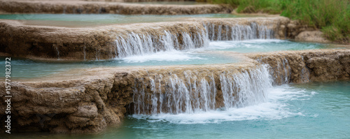 Water flows over a series of small stone ledges, creating terraced waterfalls in a tranquil setting. Natural water cascade, serene environment