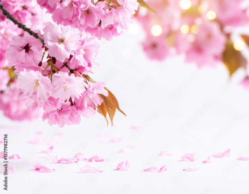 Fototapeta premium Abundant Pink Cherry Blossoms with White Background and Soft Bokeh Lights