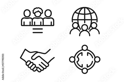 Diversity and inclusion icon set. Teamwork, equality, global community, and partnership symbols. Business ethics and corporate culture line icons. Vector for social unity.