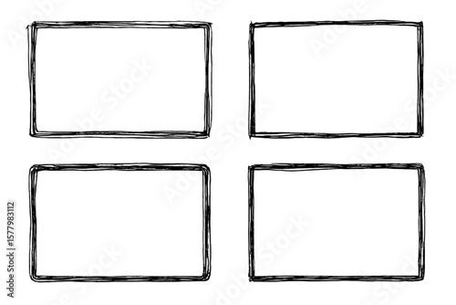 Hand drawn scribble doodle frame set of 4. Grunge sketchy rectangle border collection. Abstract ink stroke outline for text box. Irregular rough decorative design element.