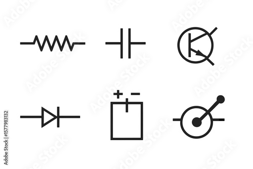 Electrical component symbols. Vector icon set shows resistor, capacitor, transistor, diode, battery, switch. For circuit diagram design, engineering visuals, and electronics.