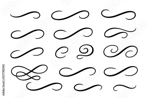Elegant text tails swoosh vector set. Calligraphy swirls for logo design, decoration. Varied thickness, simple and complex shapes. Typography, graphic design, flourish elements.