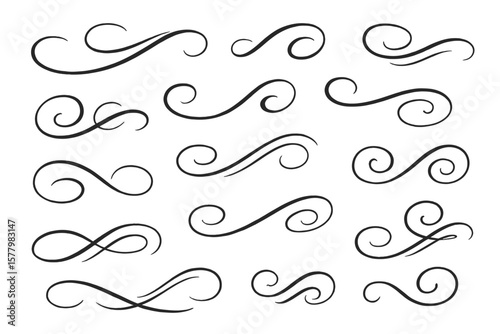 Elegant text tails swoosh vector set. Calligraphy swirls for logo design and decoration. Typography elements. Graphic design flourishes, scrolls and ornamental dividers.