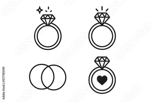 Engagement rings and wedding bands vector icon set. Diamond jewelry illustration for marriage, proposal, and love concepts. Romantic symbols for wedding invitation design.