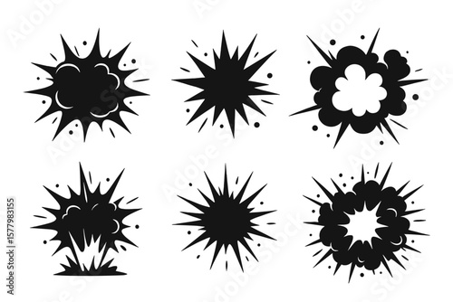 Explosion effects vector set. Black burst icons isolated. Comic book boom, bang shapes. Cartoon pow flash silhouette collection. Dynamic energy impact visual elements.