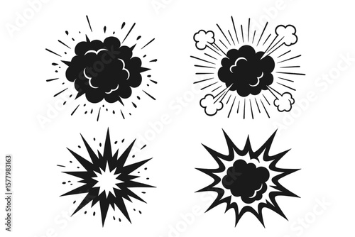 Explosion effects black vector burst icons isolated. For comics, animation, print, digital art. Dynamic energy impact visuals. Cartoon comic book style illustration set.