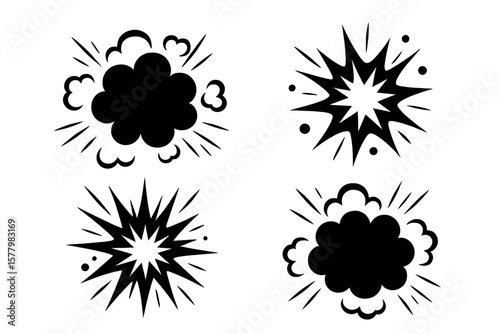 Explosion effects vector set. Black burst icons for comics, animation. Dynamic energy impact visuals. Bang, boom, pow symbol. Cartoon bomb flash element. Pop art poof cloud.