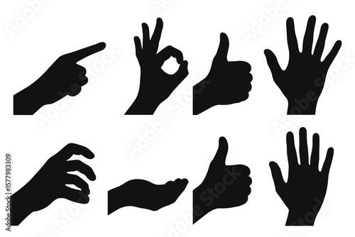 Hand Gesture Silhouette Collection. Isolated Black Hand Signs on White Background. Communication, Body Language, Pointing, Thumbs Up, OK, Open Palm, Grabbing, Design Elements