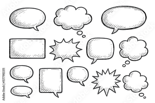 Hand Drawn Speech Bubbles, Thought Clouds, Text Boxes, Comic Doodle Elements, Sketchy Style, Cartoon Balloons, Creative Design Resources, Editable Vector Set