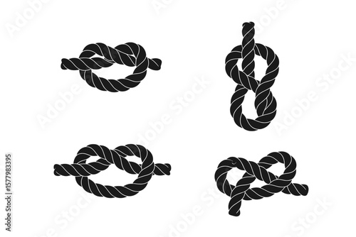 Set of 4 Rope Knot Silhouettes, Nautical Cord and Tie Vector Illustrations, Decorative and Maritime Knot Types, Sailing and Boating Knot Collection, Isolated Black Icons