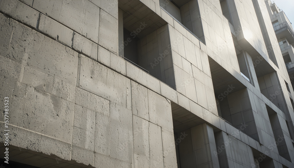 Fototapeta premium Close-up of concrete facade with lens flare and geometric depth
