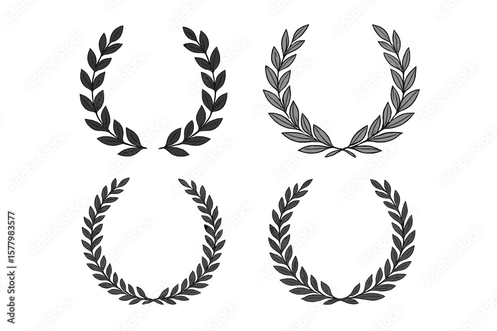 Naklejka premium Laurel Wreath Vector Set of 4, Classic Award and Achievement Borders, Elegant Decorative Frames for Certificates, Invitations, Posters, Victory and Honor Symbol Illustration
