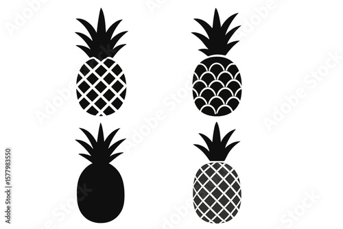 Black Pineapple Silhouette Vector Set, Abstract Tropical Fruit Icons, Modern Ananas Clipart, Decorative Pineapple Patterns, Minimalist Summer Design Elements, Transparent Background