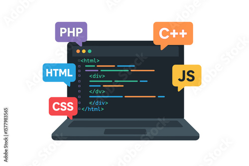 Programming languages and code on laptop screen. PHP, HTML, CSS, JavaScript, C++ icons. Web development, coding, software engineering, programmer, developer, technology concept