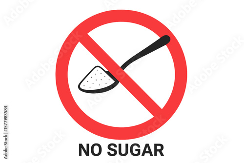 No Sugar Icon. Red Prohibition Sign with Crossed Out Spoon of Sugar. Sugar-Free Symbol. Stop Sugar for Health. Anti Sugar, Diet, Diabetes Prevention, Healthy Lifestyle, Weight Loss Concept.