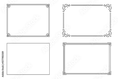 Set of 4 Rectangular Decorative Frames Vector. Elegant Borders for Invitations, Certificates, Posters. Ornamental Line Art, Classic and Modern Frame Designs, Isolated Outline Collection