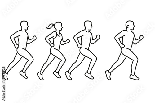 Minimalist Line Art Runners Sequence, Athletic Jogging Figures, Male and Female Progression, Running Motion Outline, Fitness Exercise Illustration, Sports Training Concept