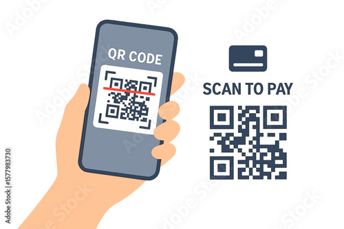 Contactless payment with smartphone scanning QR code. Hand holding phone, scan to pay, digital wallet, credit card transaction, online shopping, mobile banking concept